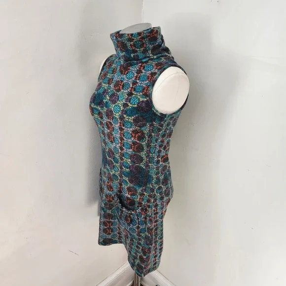Aryeh Womens Small Teal Purple Medallion Knit Sleeveless Turtleneck Tunic Dress - Picture 5 of 5